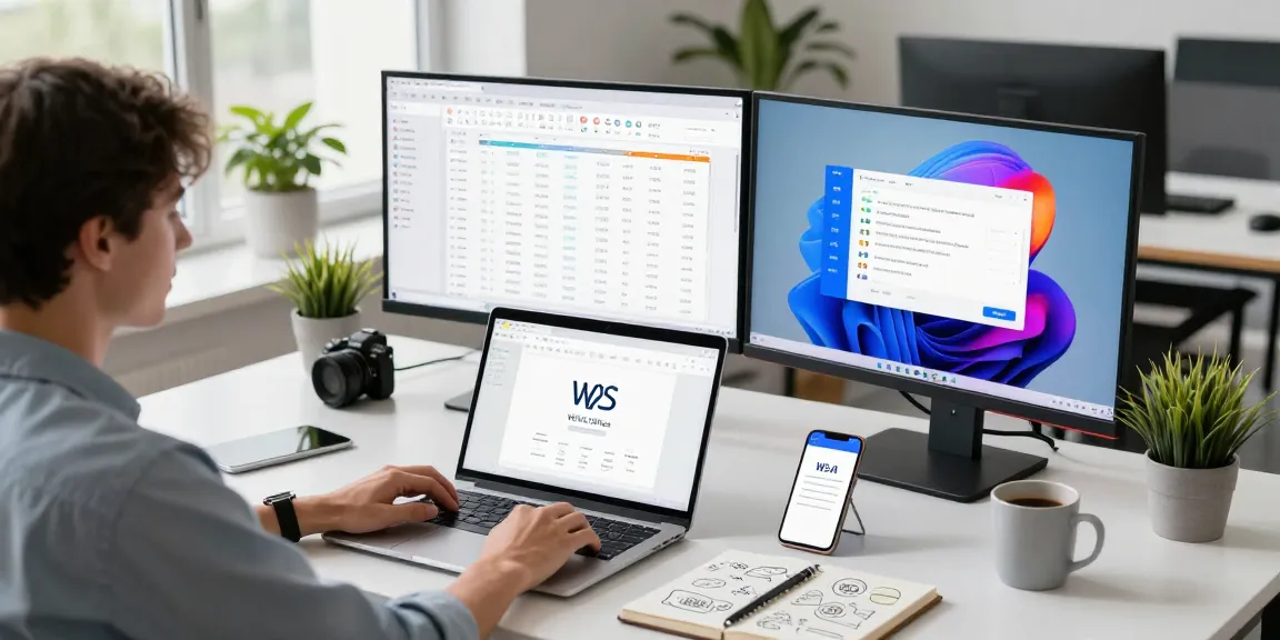 WPS下载 in a modern office workspace featuring collaborative document editing on multiple devices
