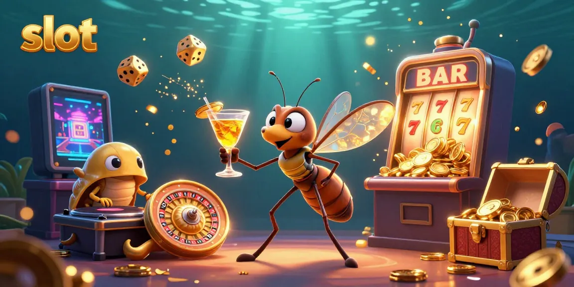 Slot menarik dengan karakter dalam permainan kasino dan koleksi simbol di tengah ledakan koin.