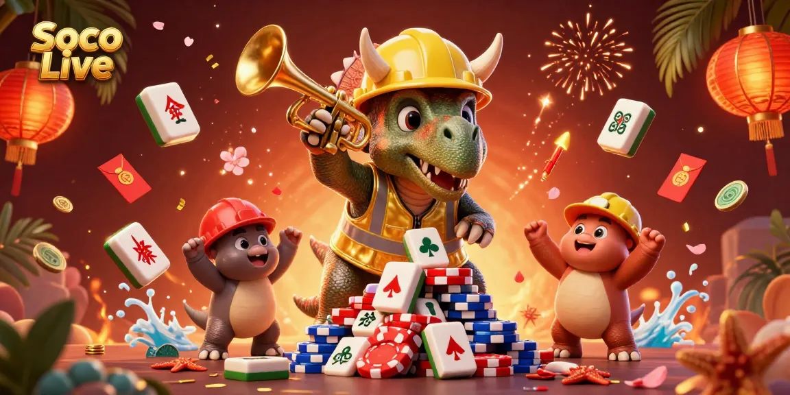 Soco Live's vibrant scene showcases thrilling poker action with cartoon dinosaurs celebrating amidst golden game elements.