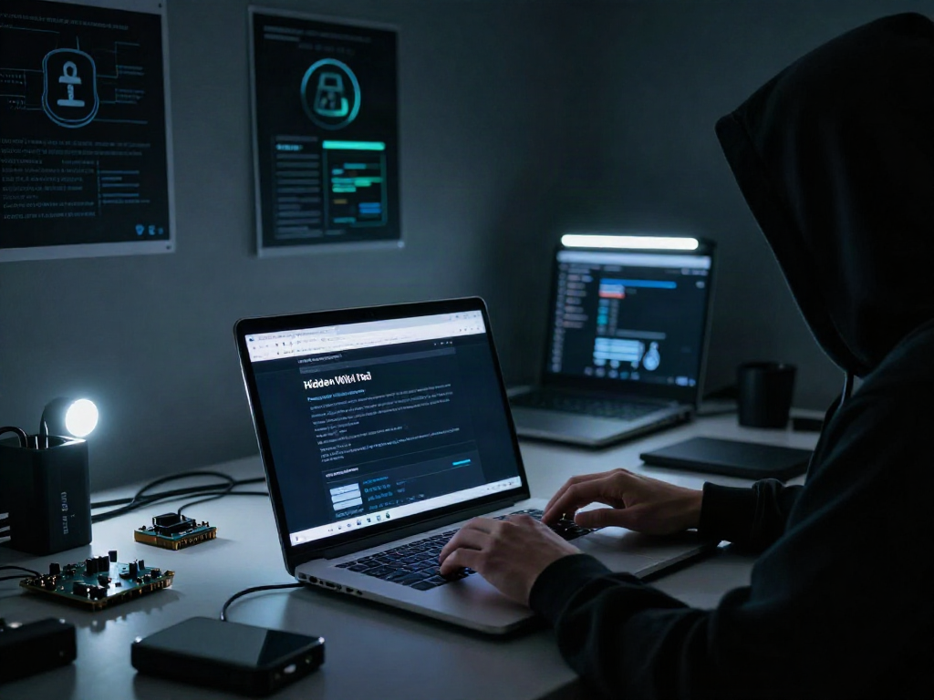 Exploring the hidden wiki dark web on a laptop with encrypted browser display in a shadowy room.
