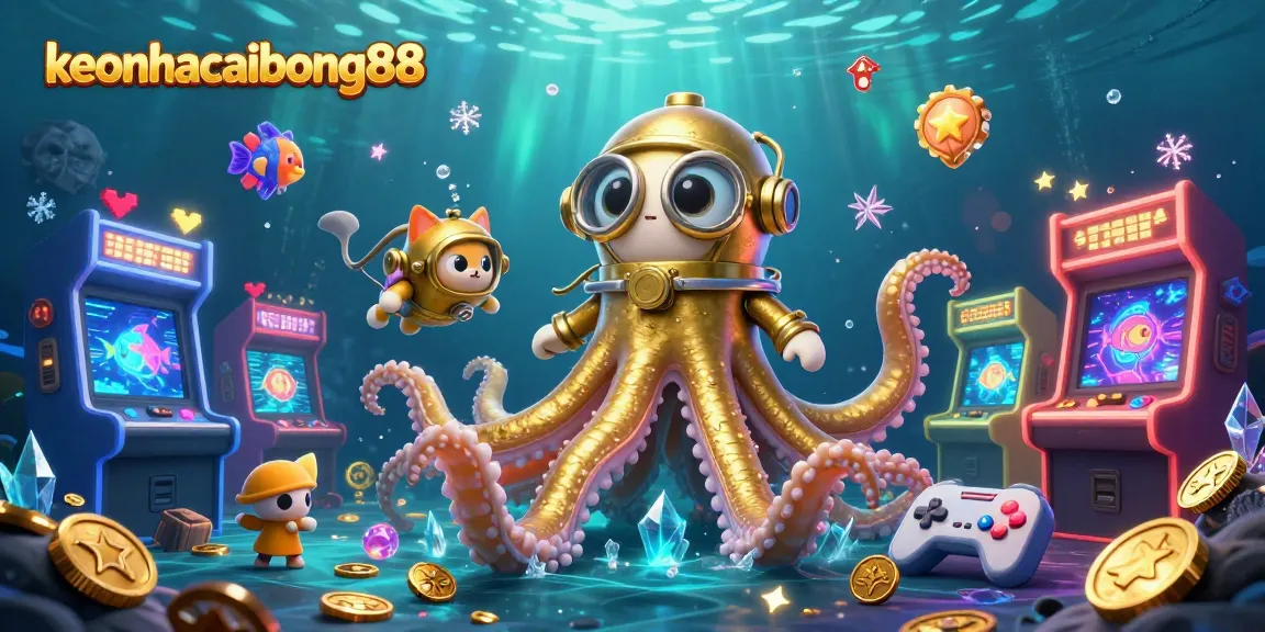 Engage in thrilling adventures with keonhacaibong88 featuring kraken, diving cat, and glowing treasures.