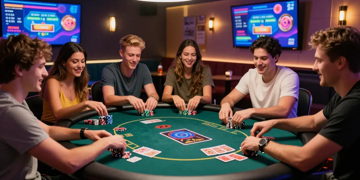 Exciting casino senza AAMS environment with friends playing poker, vibrant gaming scene.