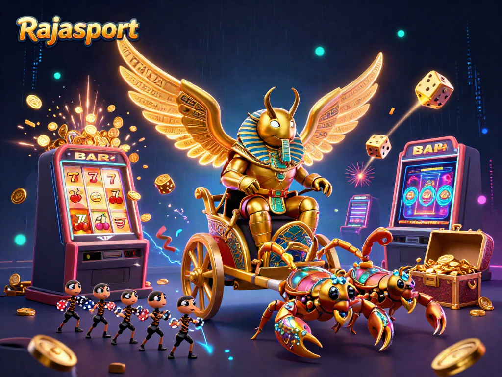 Menghadirkan permainan slot Rajasport dengan imajinasi yang kaya, menampilkan karakter serangga megah, dan elemen kasino yang menarik.