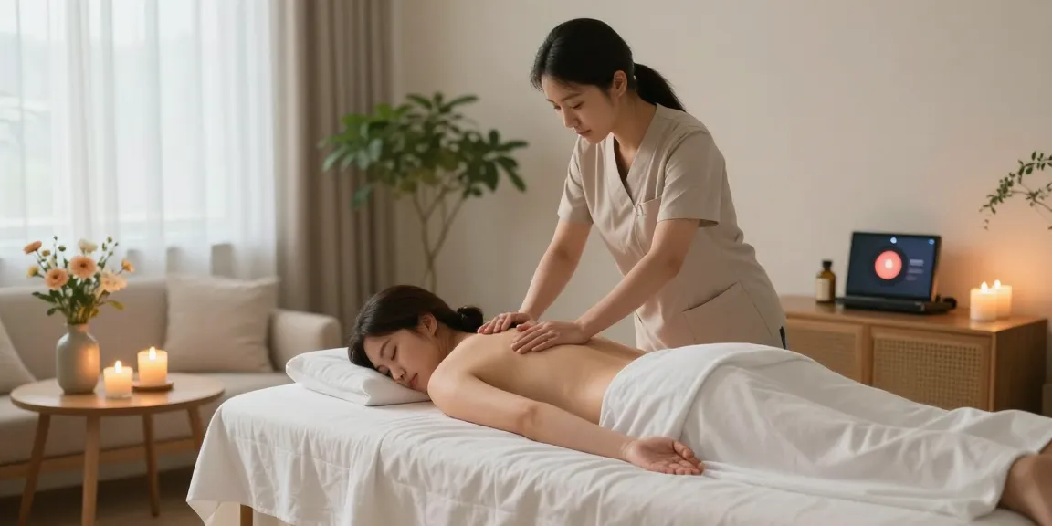 Client experiencing 강동구출장마사지 in a tranquil home setting with candles and soothing ambiance.