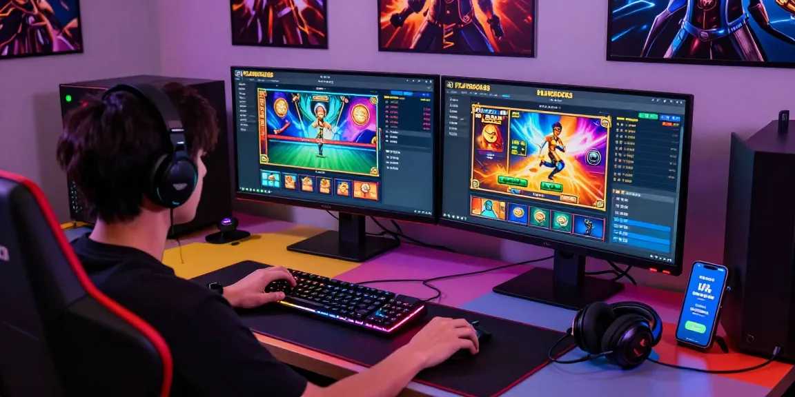 Exciting gaming setup featuring Playbook88 with vibrant monitors, gaming gear, and immersive atmosphere.