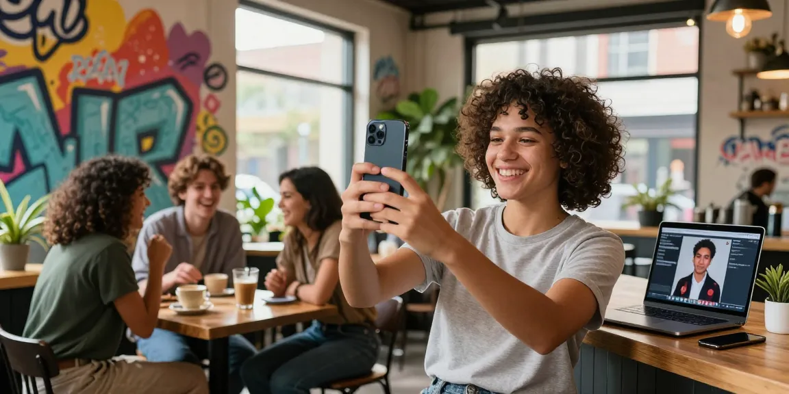Cheerful user discovering celebrity look alike matches with friends in vibrant café.