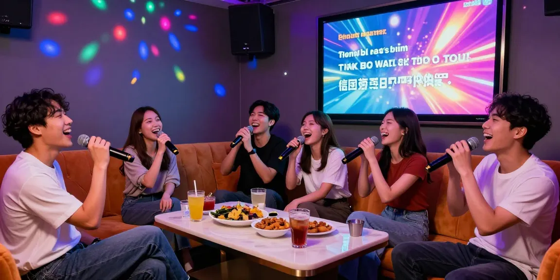 Friends enjoying 강남가라오케 in a stylish karaoke room with colorful lights and drinks.