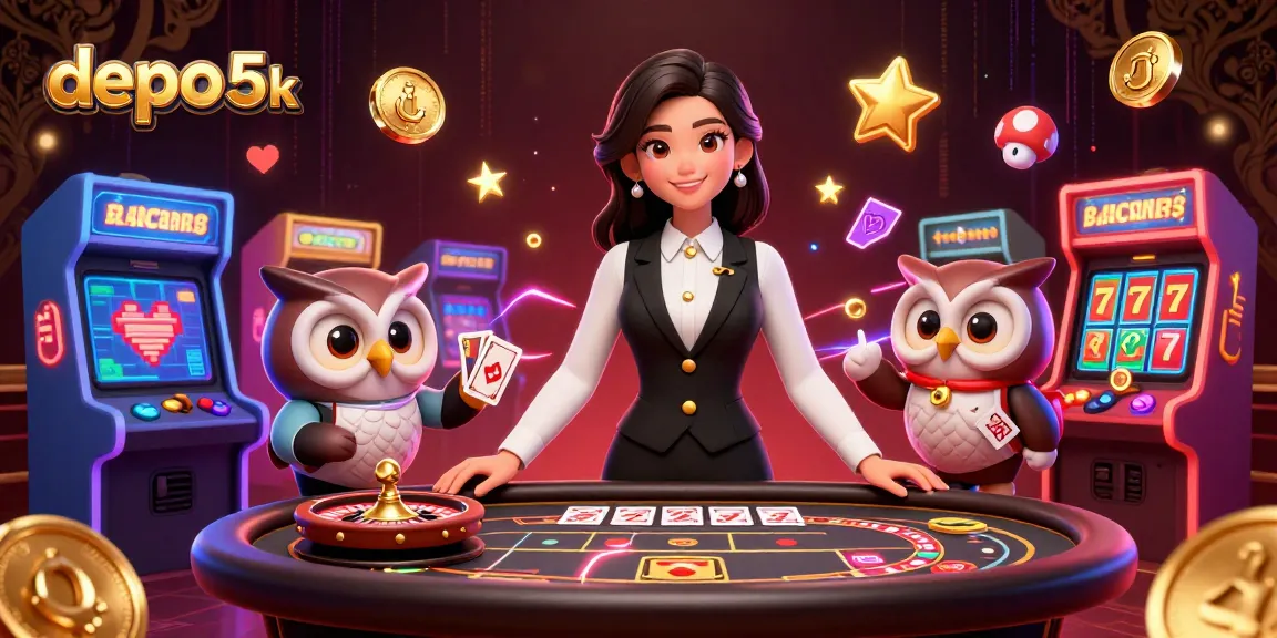 Engage in casino adventures with depo 5k, featuring a skilled Asian dealer and a whimsical owl assistant.