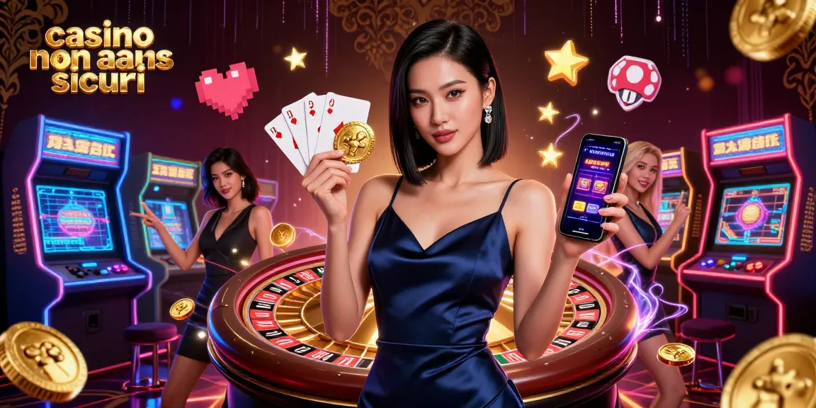 Vivi l'emozione dei casino non AAMS sicuri con un'illustrazione 3D vibrante che mostra elementi di gioco e giochi.