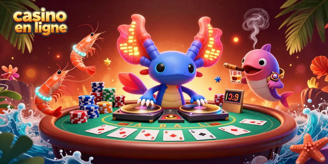 Un axolotl DJ vibrant animant des parties à un casino en ligne avec des jeux de poker.