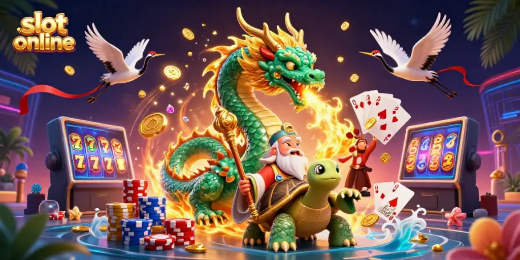 Permainan slot online menarik dengan karakter naga, kura-kura, dan bangau, penuh koin dan permainan.