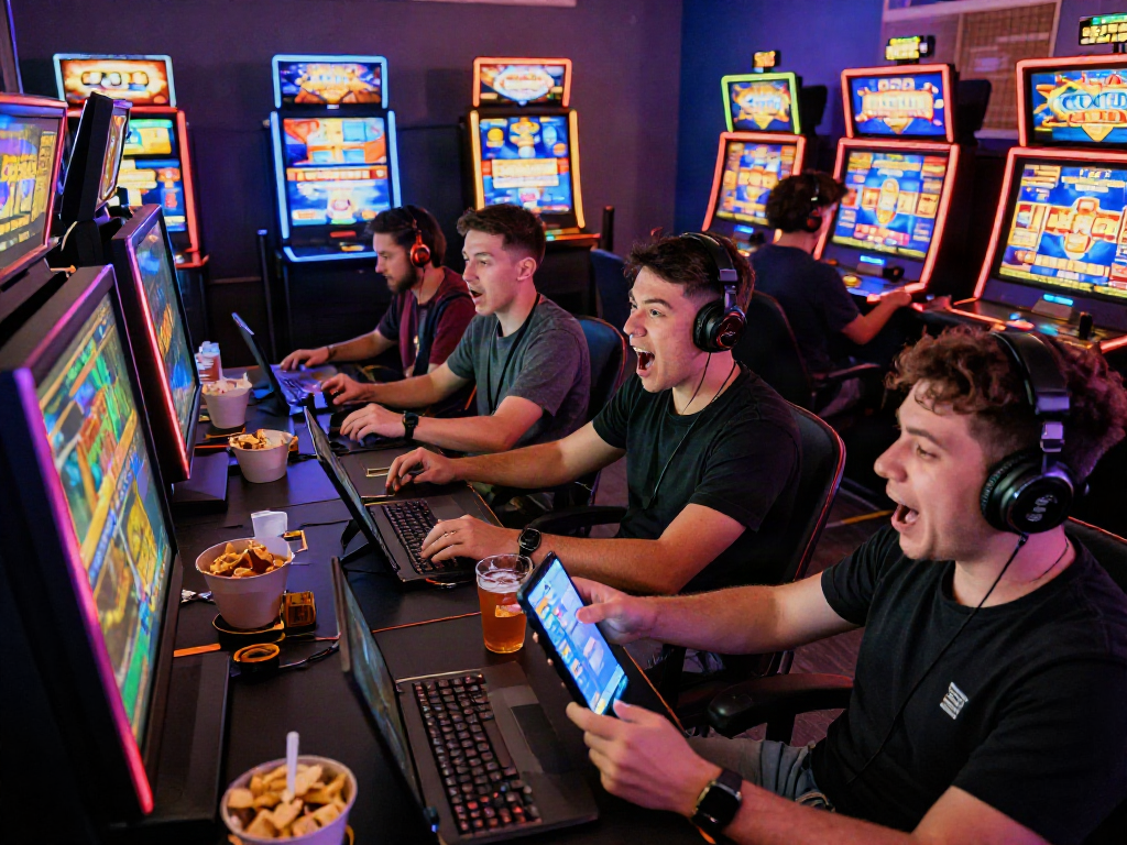Exciting bandar slot gaming scene with players engaged in various games in a lively online environment.