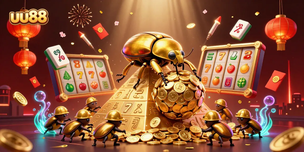 Win big at uu88 with a lively 3D illustration of a golden beetle and casino symbols.