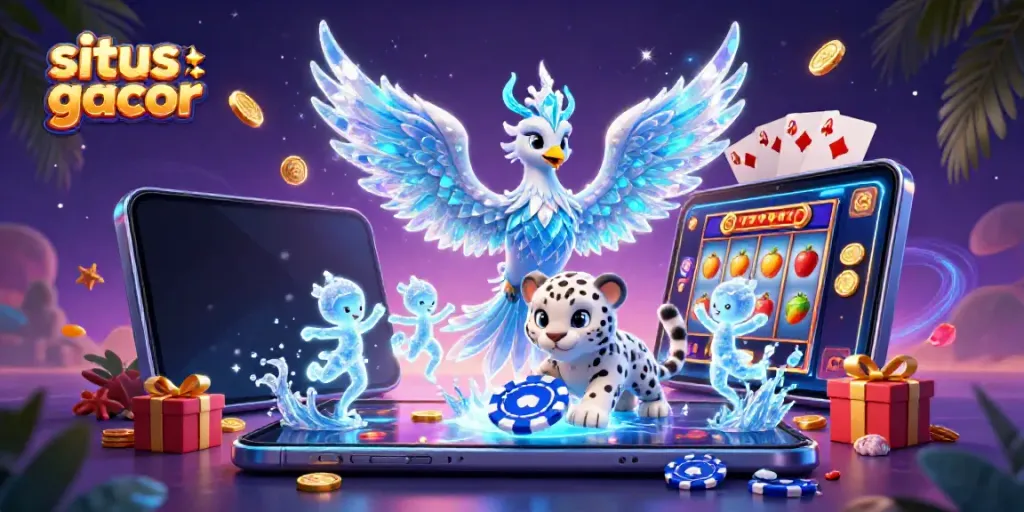 Engage with situs slot gacor featuring a vibrant ice phoenix, gambling elements, and enchanting creatures.