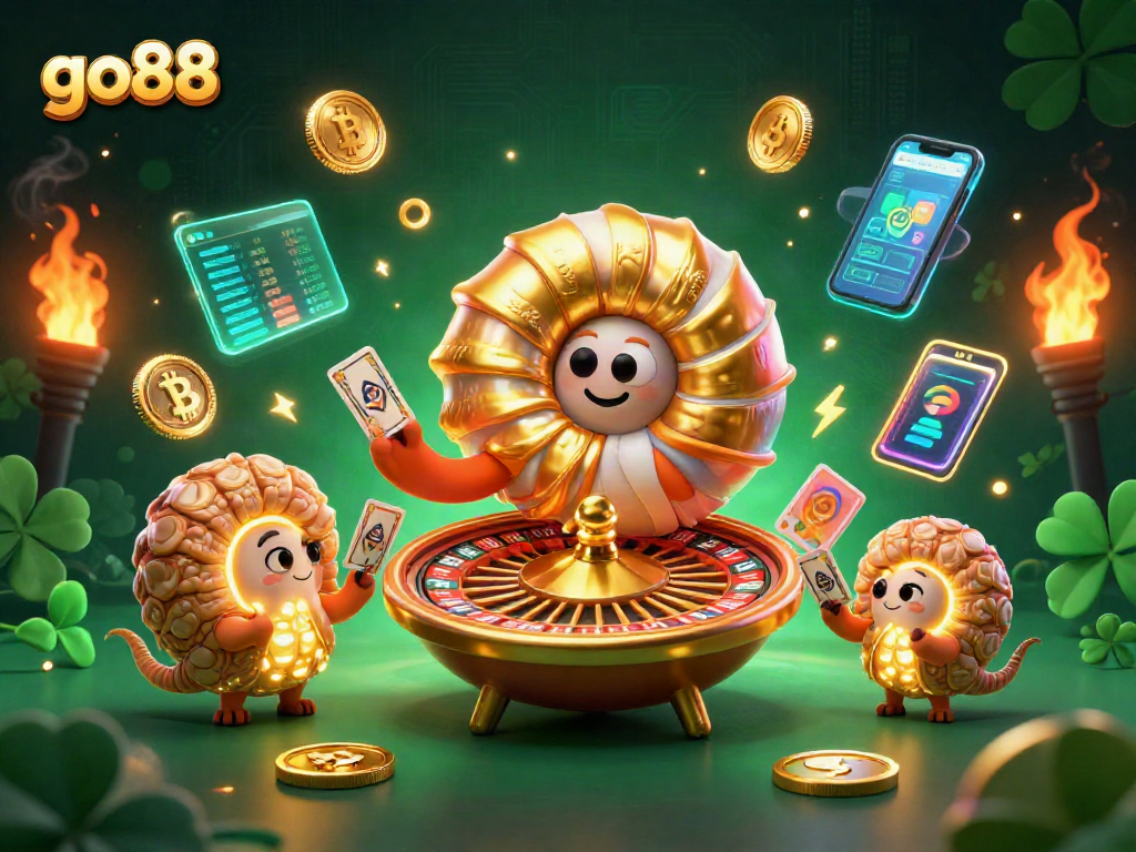 Experience go88 with a vibrant 3D casino illustration showcasing slot machines and golden characters.