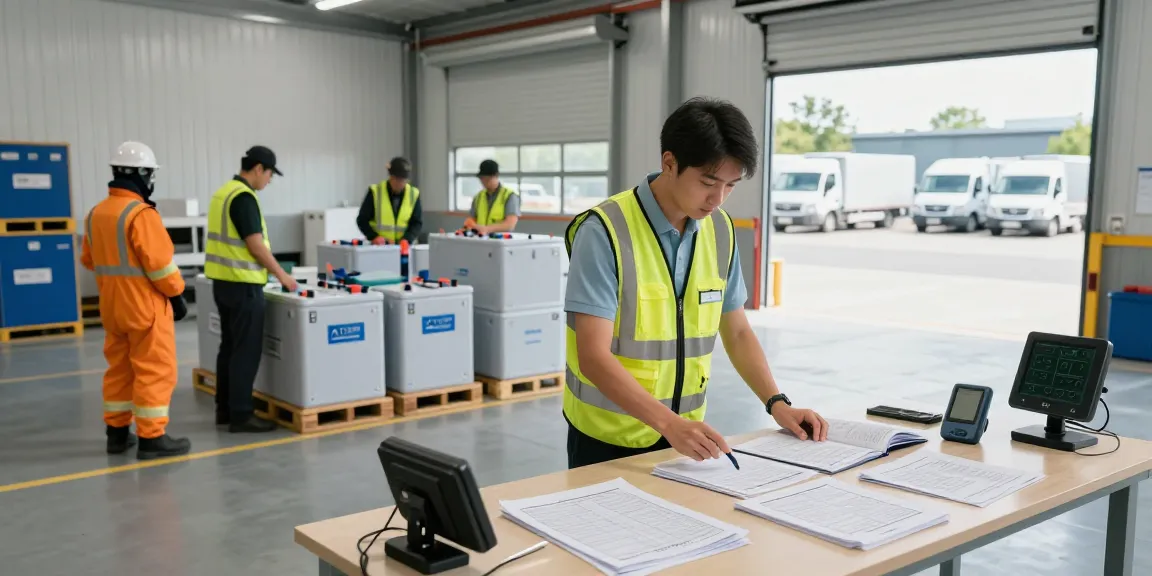 Ocargo Batterie Transport in Dortmund: ADR-zertifizierte Fahrer bei der Vorbereitung von Lithiumbatterien für den sicheren Versand.