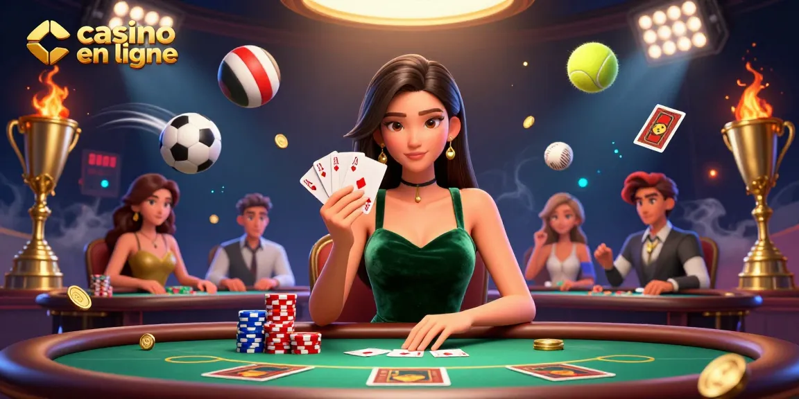 Découvrez l'action du casino en ligne avec une scène de poker époustouflante mettant en vedette une belle femme asiatique entourée d'éléments de jeu dynamiques.