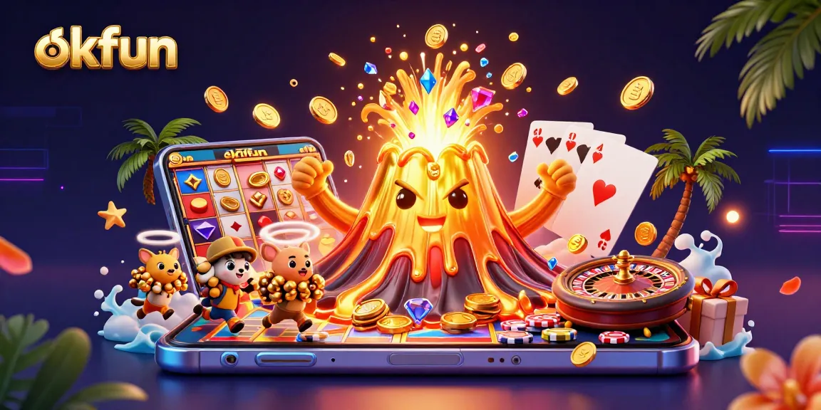 Experience the excitement at okfun with a vibrant slot game erupting from a golden volcano, filled with treasure!