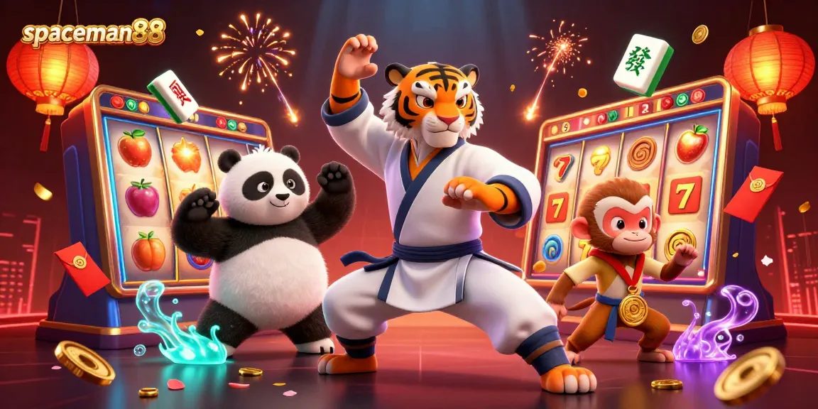 Experience the excitement of spaceman88 with vibrant slot reels and animated casino elements.