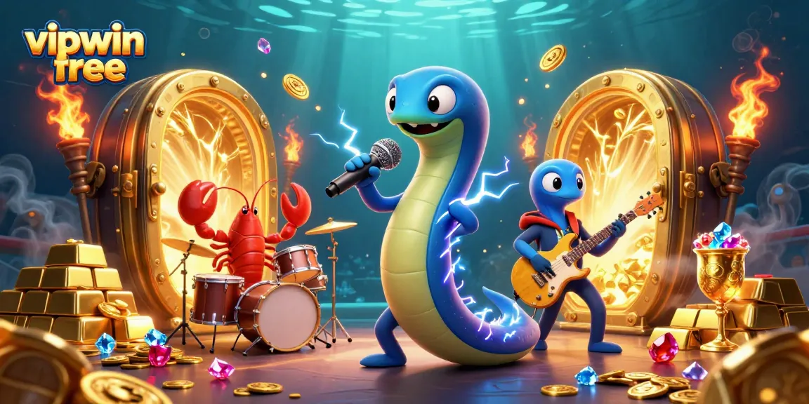 Engage in thrilling gameplay at vipwin free with an electrifying underwater casino scene featuring dynamic characters and treasures.