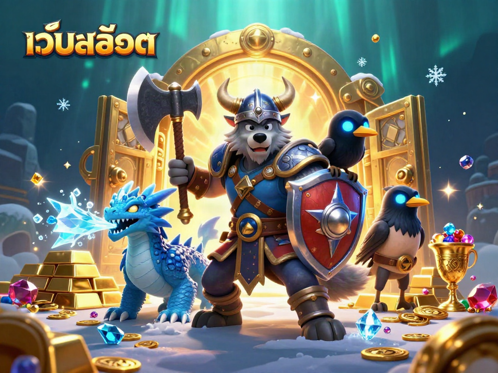 Spin the reels with เว็บสล็อต as captivating characters find treasure in a dazzling scene.