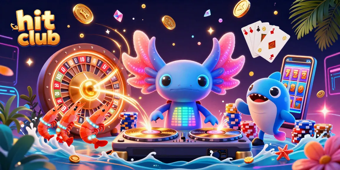 Hit club showcases a vibrant 3D scene with a neon axolotl DJ and dynamic casino elements.