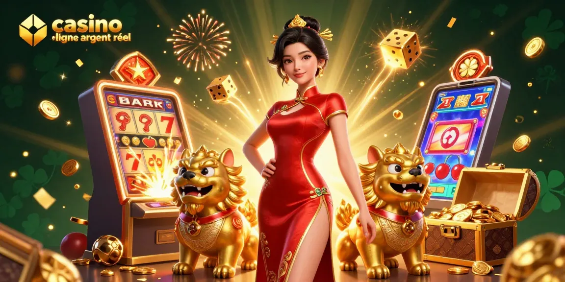 Experience vibrant gameplay at casino en ligne argent réel with a stunning 3D illustration featuring an Asian woman and golden foo dogs.