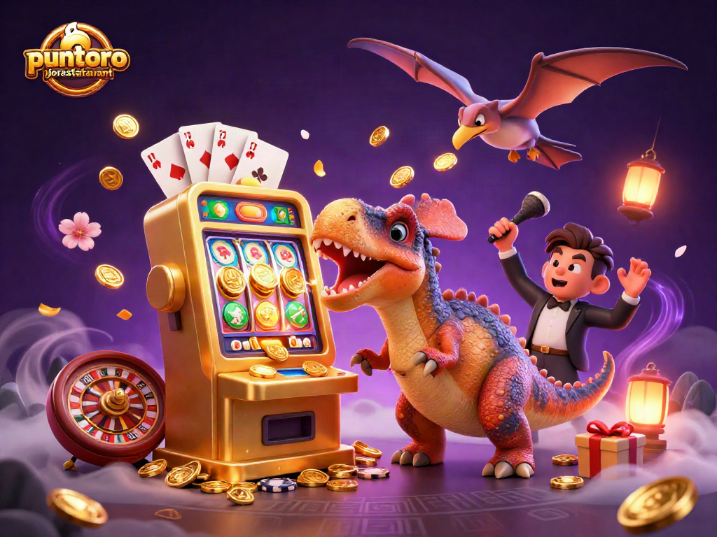 Enjoy the jackpot with puntorojorestaurant's thrilling 3D casino illustration, featuring a dino and dynamic game elements.