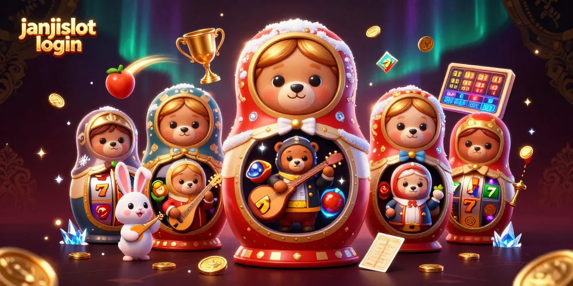 Win big at janjislot login with a vibrant 3D casino scene featuring Matryoshka bears and slot icons.