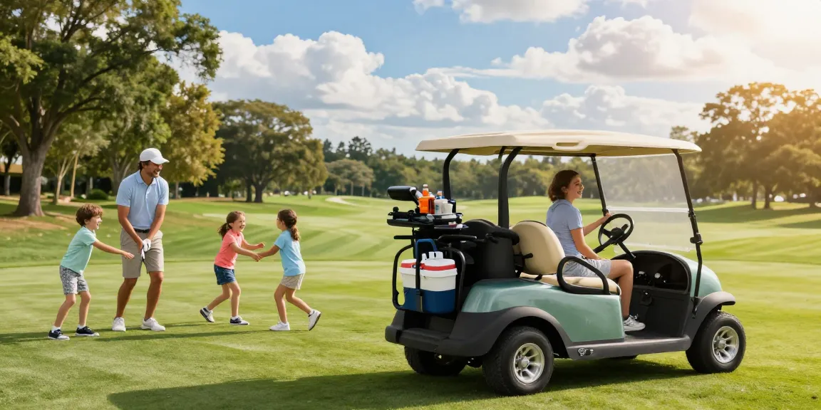 A family enjoying a sunny day with a stylish 6 seater golf cart on a golf course, showcasing outdoor fun and relaxation.
