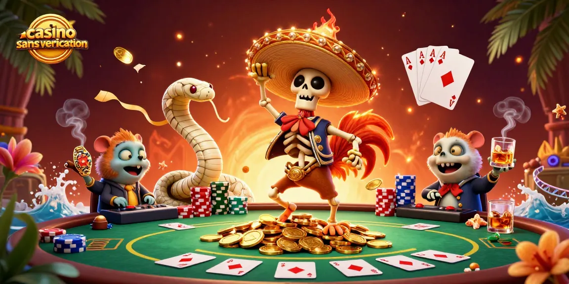 Profitez de l'expérience de jeu dans un casino sans vérification avec une animation dynamique de personnages colorés.