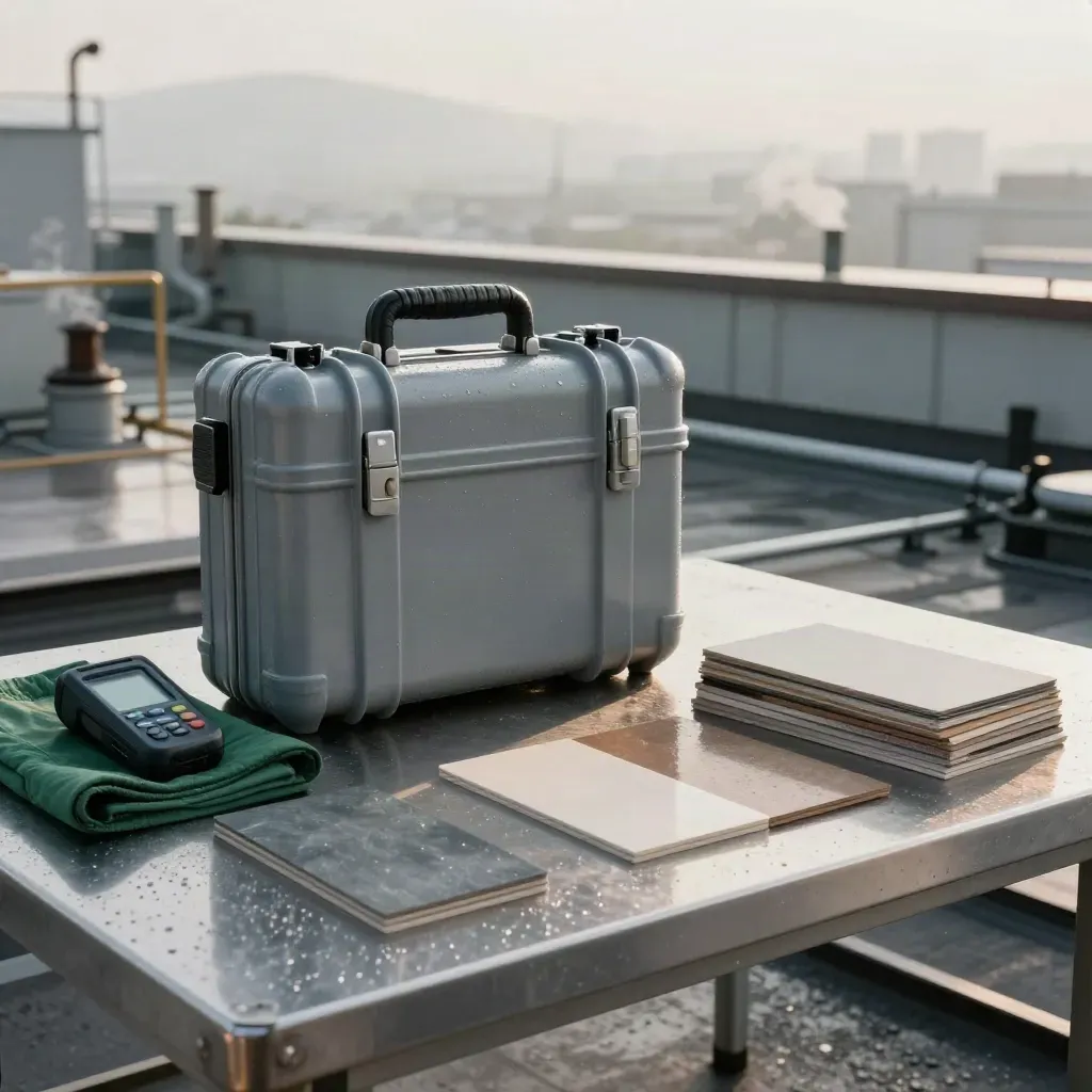 Rooftop carbon audit kit on a wet steel table at dawn, with mist and factory skyline.