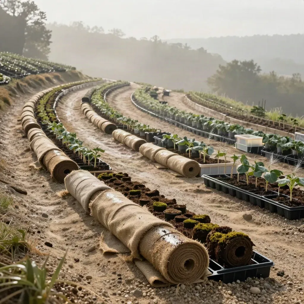 Windy hillside nursery rows with saplings, burlap rolls, and clean transport crates after rain.