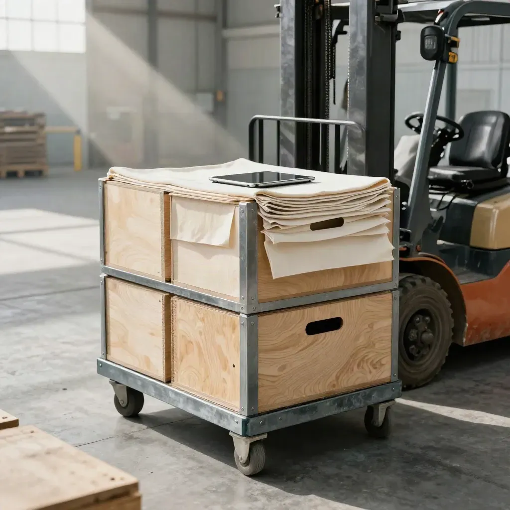 Dock-height review cart with sample crates, swatches and parts trays in dusty daylight