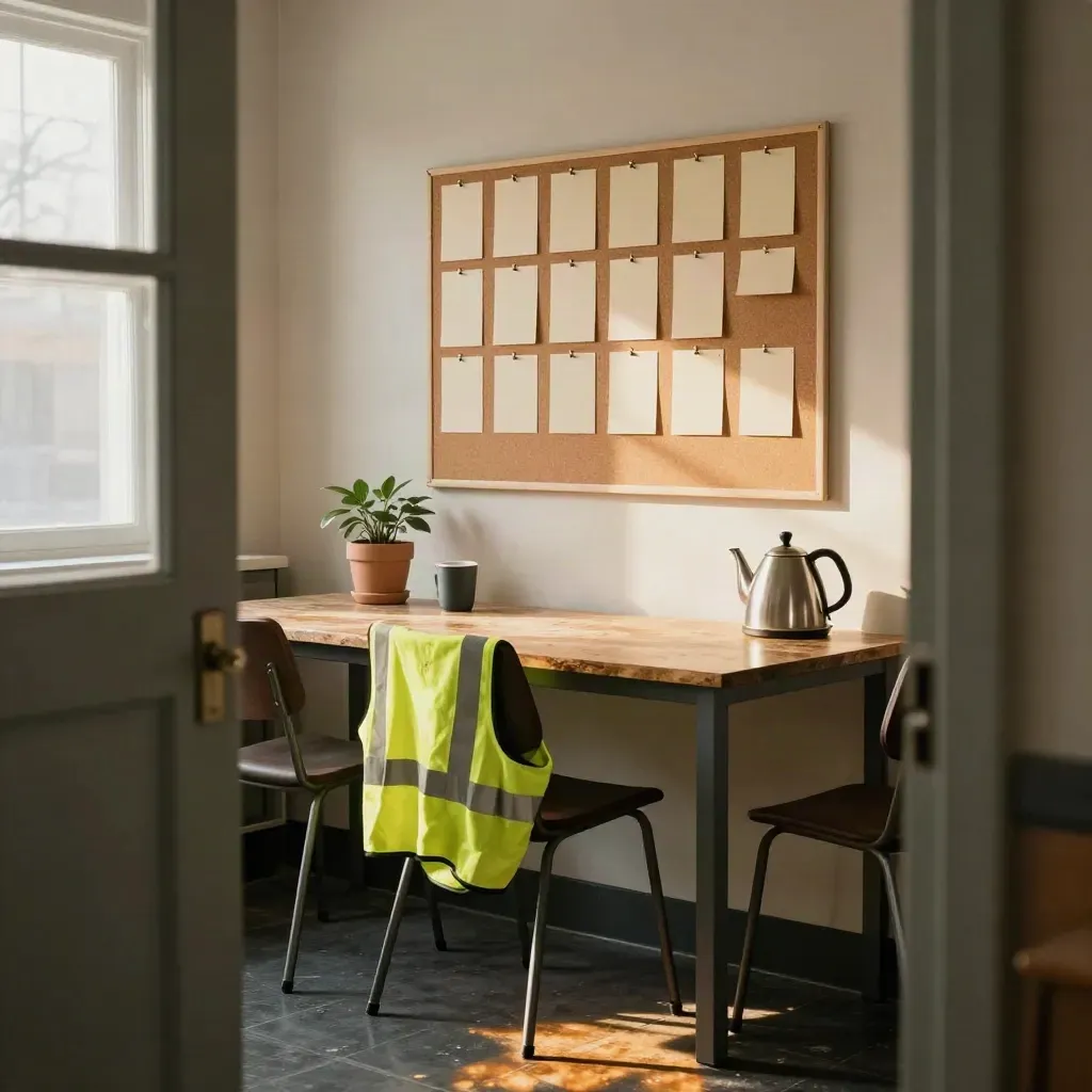 Compact break room with pinboard, plant, mug and hi-vis vest in warm afternoon light.