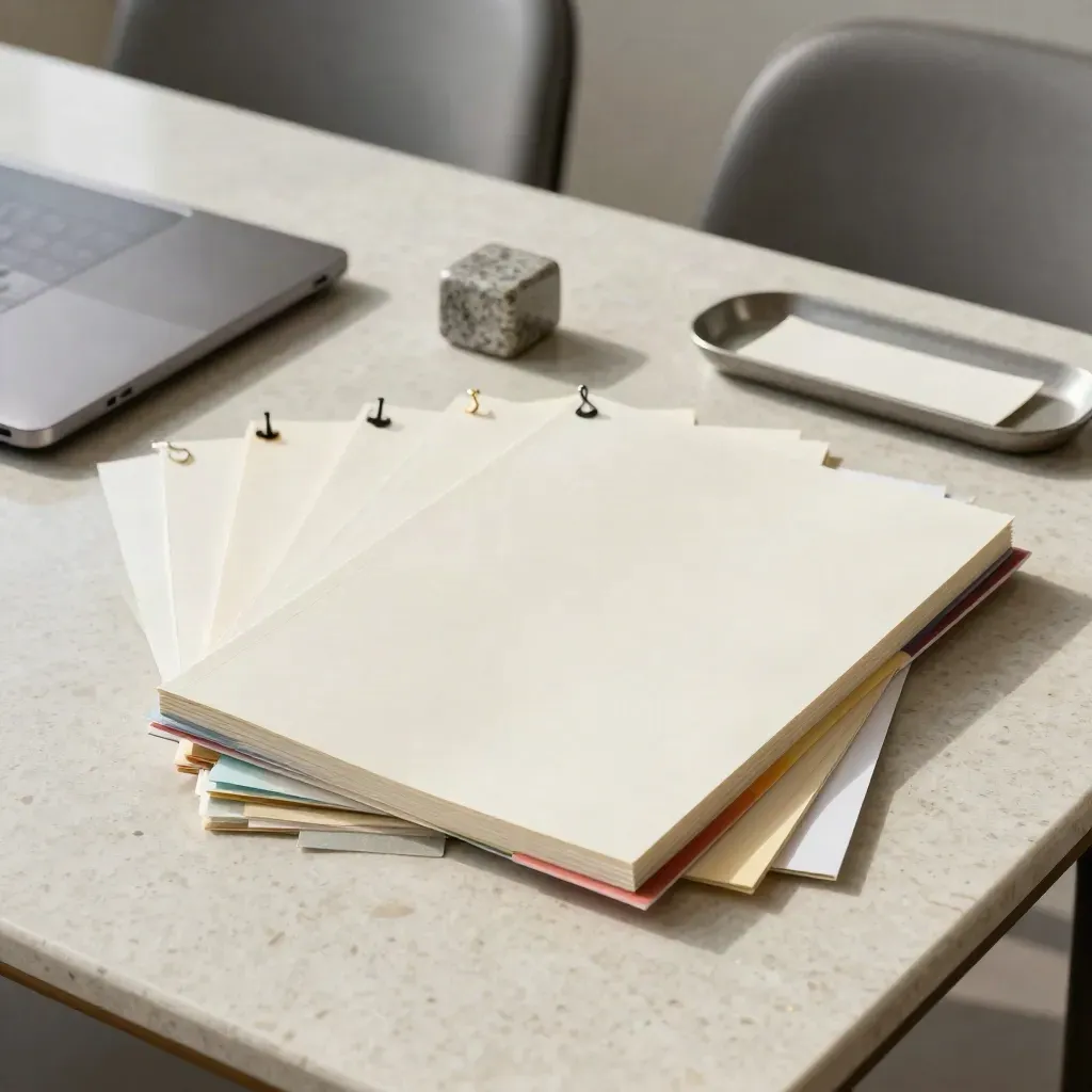 ESG report sleeves and tabs mid-sort beside a stone paperweight and closed laptop on a travertine side table.