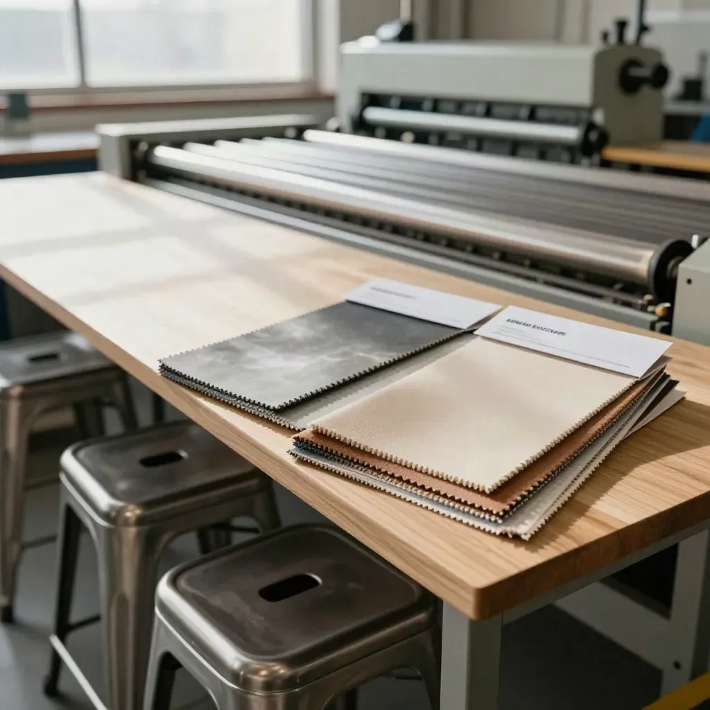 Factory meeting nook with sample materials, stools, and a cooling production line in warm daylight.