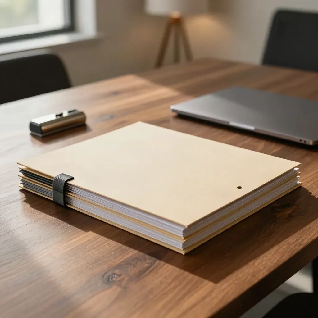 ESG folders, cable ties, and a closed laptop on a warm wood operations table in soft afternoon light.