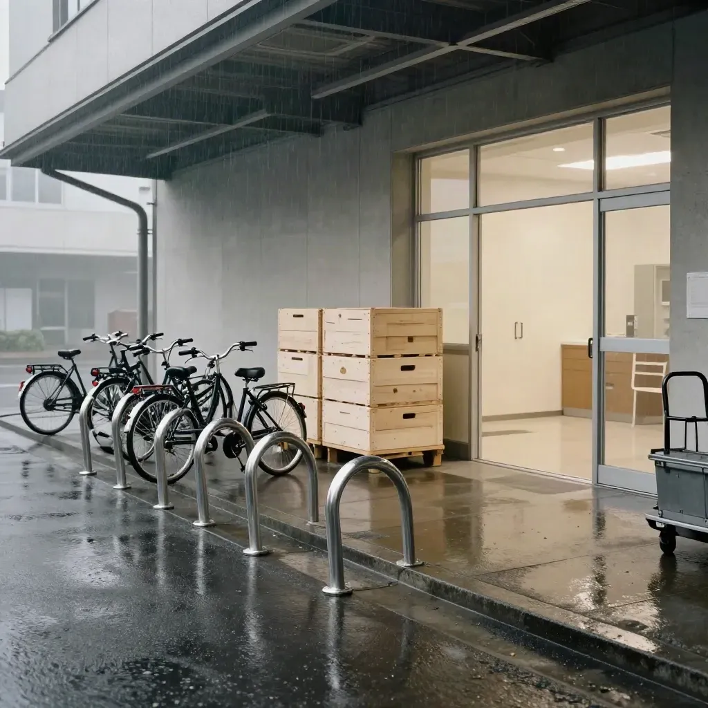 Rain-slick Japanese office driveway, bicycles and crates leading to a bright foyer