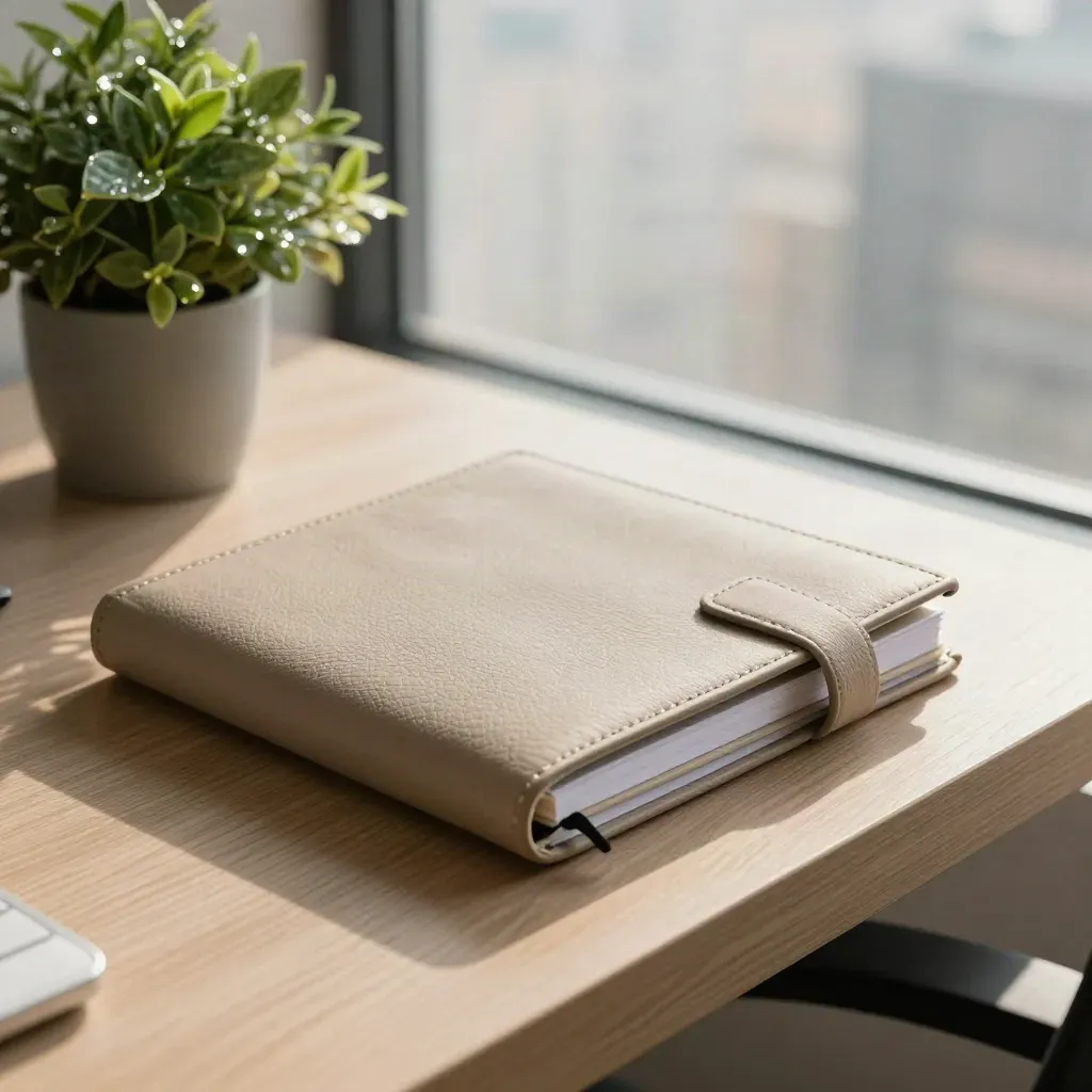 Macro of a remote support desk with folio, stacked notebooks, plant and hazy window light.