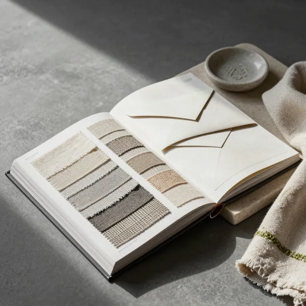 Textile swatch book, sealed samples and stone dish on a stone tray in soft side light.
