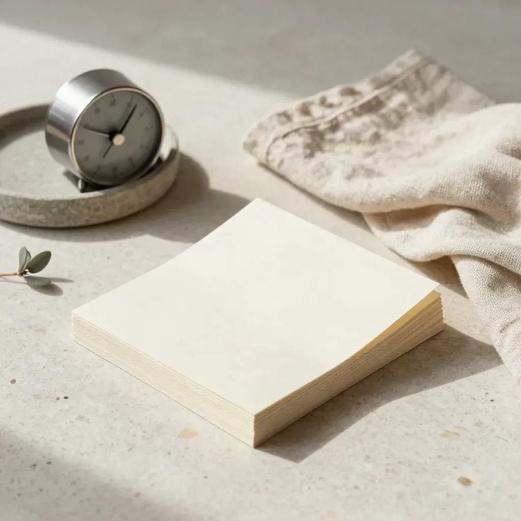 Blank workshop note cards with timer and folded cloth on pale stone.