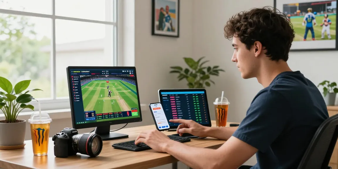 Engaging online sports betting moment with Fairplay24 app in modern home office setup.