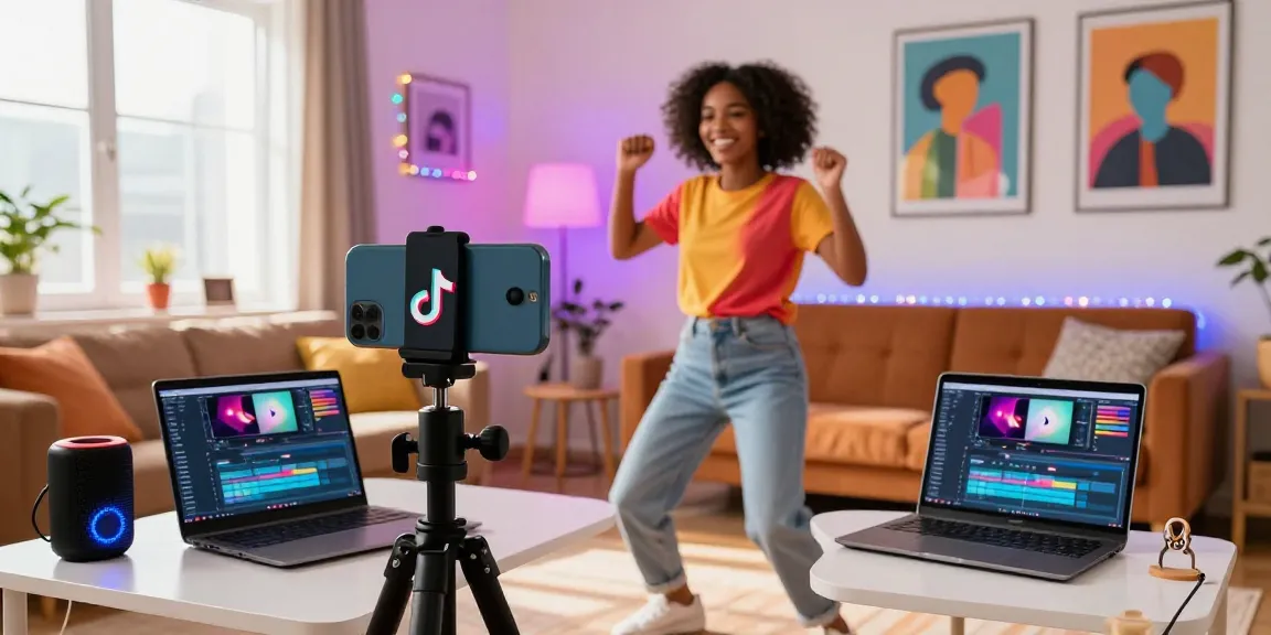 Purchase real TikTok views through engaging content creation in colorful living room with smartphone filming dance video.