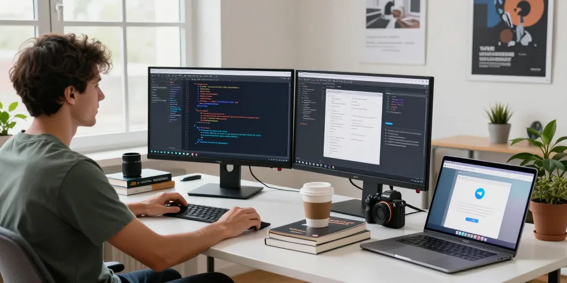 Dynamic workspace scene showcasing a developer working on teiegramin.com with coding screens and tech devices.