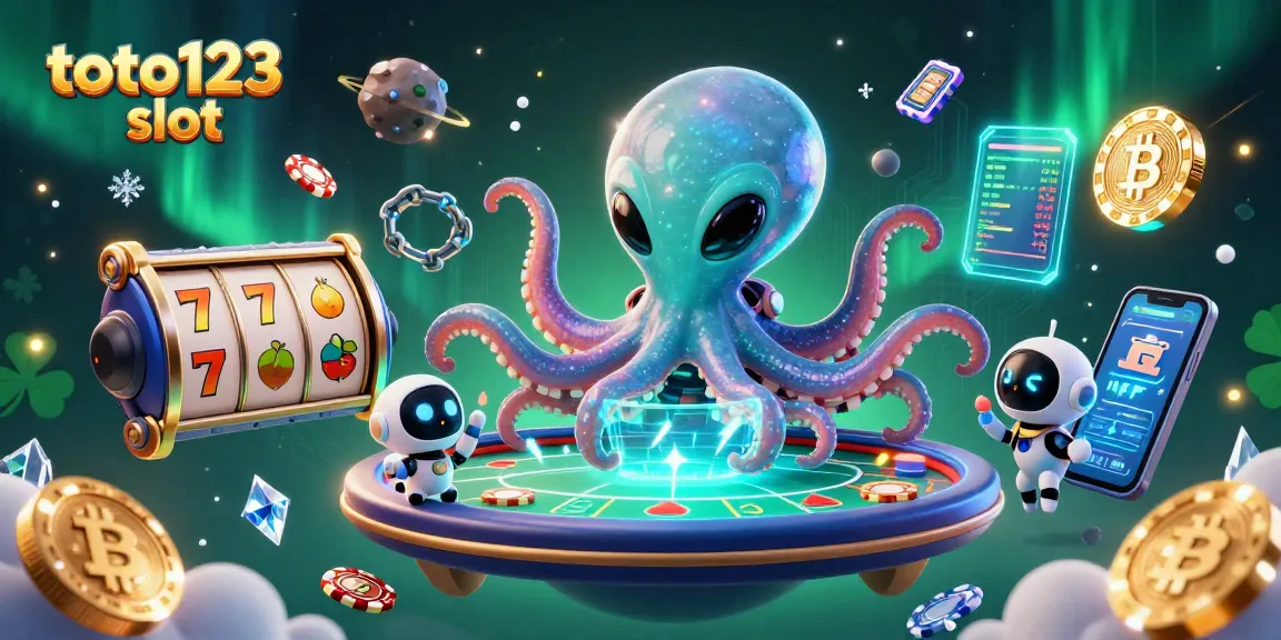 Toto123 slot showcases a fun casino scene with an octopus and robot gaming at a holographic poker table.