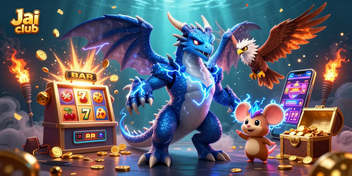 Engage in thrilling wins at Jai club with a 3D dragon, hawk, and vibrant casino elements.
