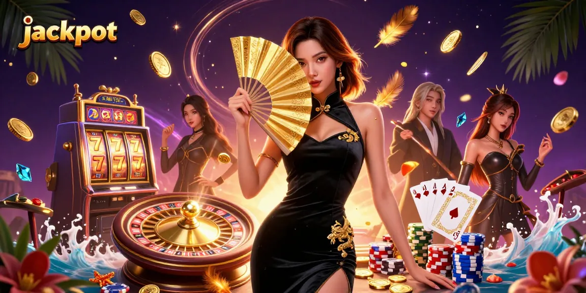 Experience the jackpot thrill with a stunning Asian woman amidst golden coins, slot reels, and vibrant casino elements.