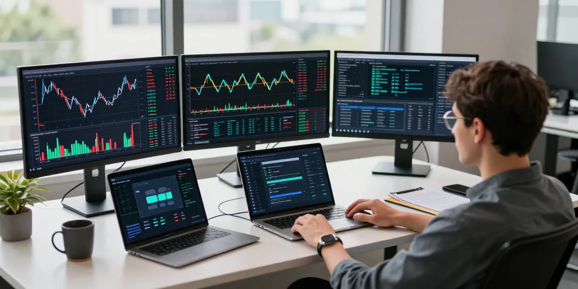 Funexchange trading workspace showing cryptocurrency charts and digital wallet interfaces in a modern tech setting.