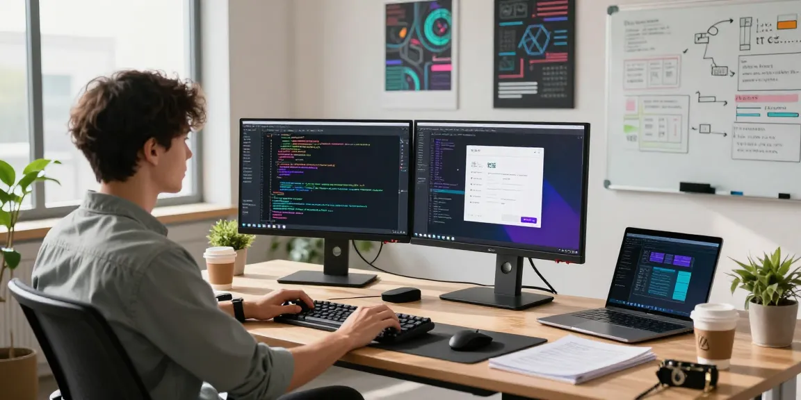快连 app interface on developer's workspace with dual monitors and coding environment, showcasing productivity and tech innovation.